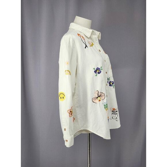 Pilcro Shirt Womens Medium White Cotton Linen Embroidered Button Up Boho Floral - Picture 2 of 16